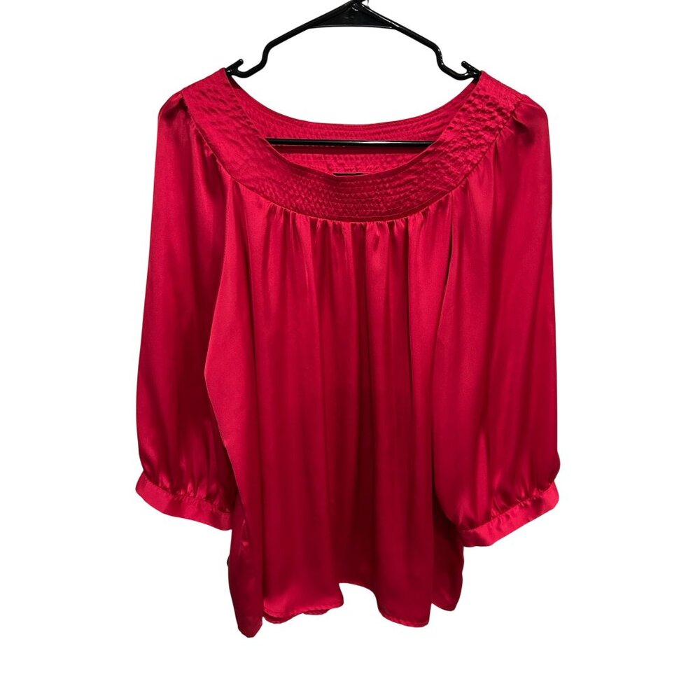 AGB Red Satin Smocked Neck 3/4 Sleeve Blouse Size XL Glam Party Minimalist